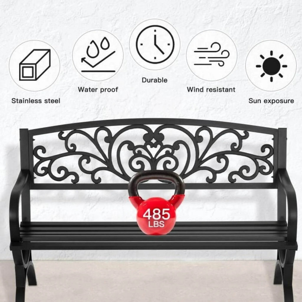 50-in Black Metal Garden Bench with Armrests I485