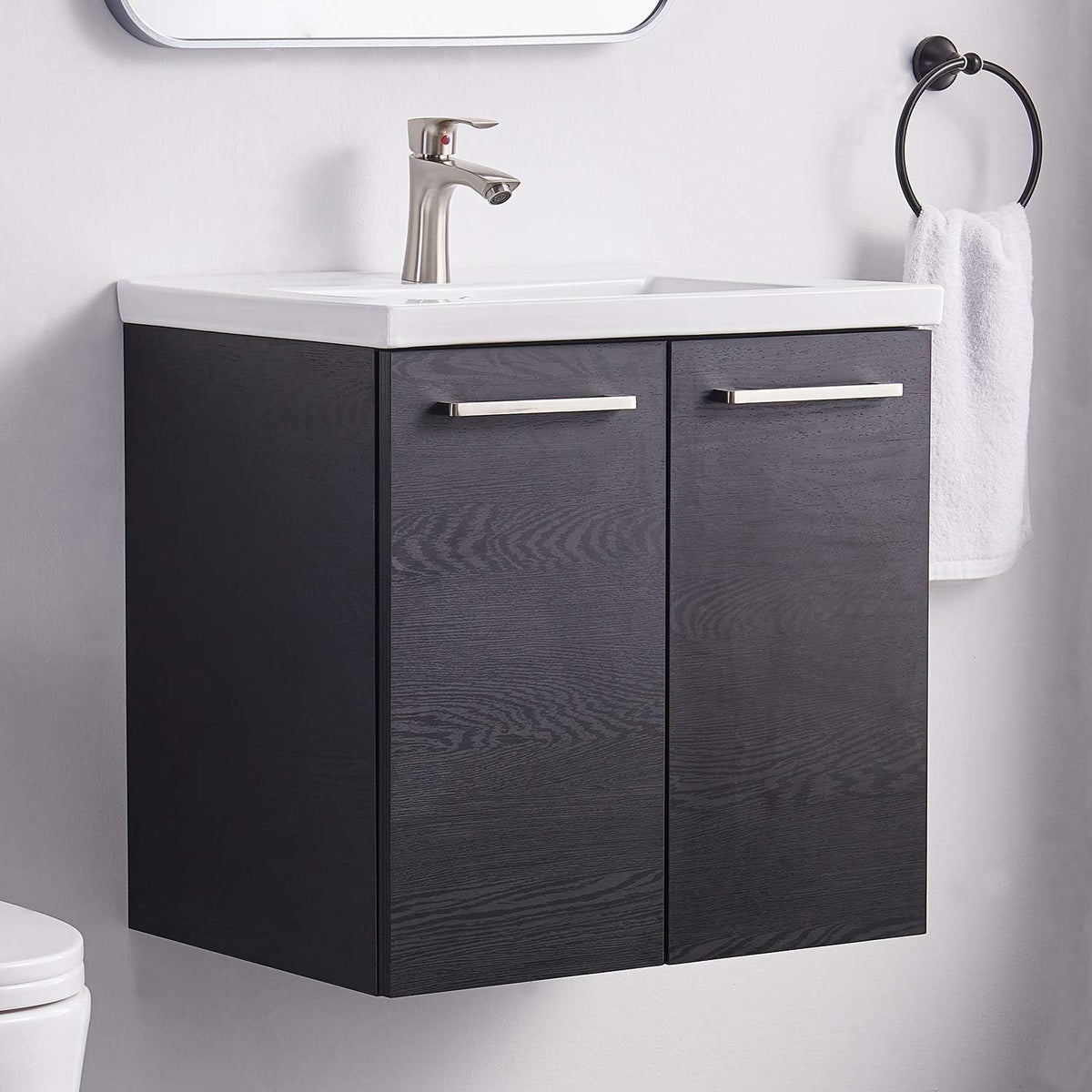 Black Wall-Mounted Bathroom Vanity with White Integrated Undermount Ceramic Vessel Sink U877958
