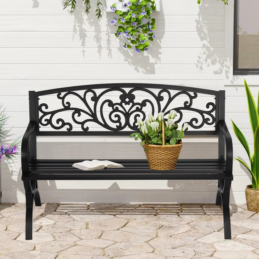 50-in Black Metal Garden Bench with Armrests I485