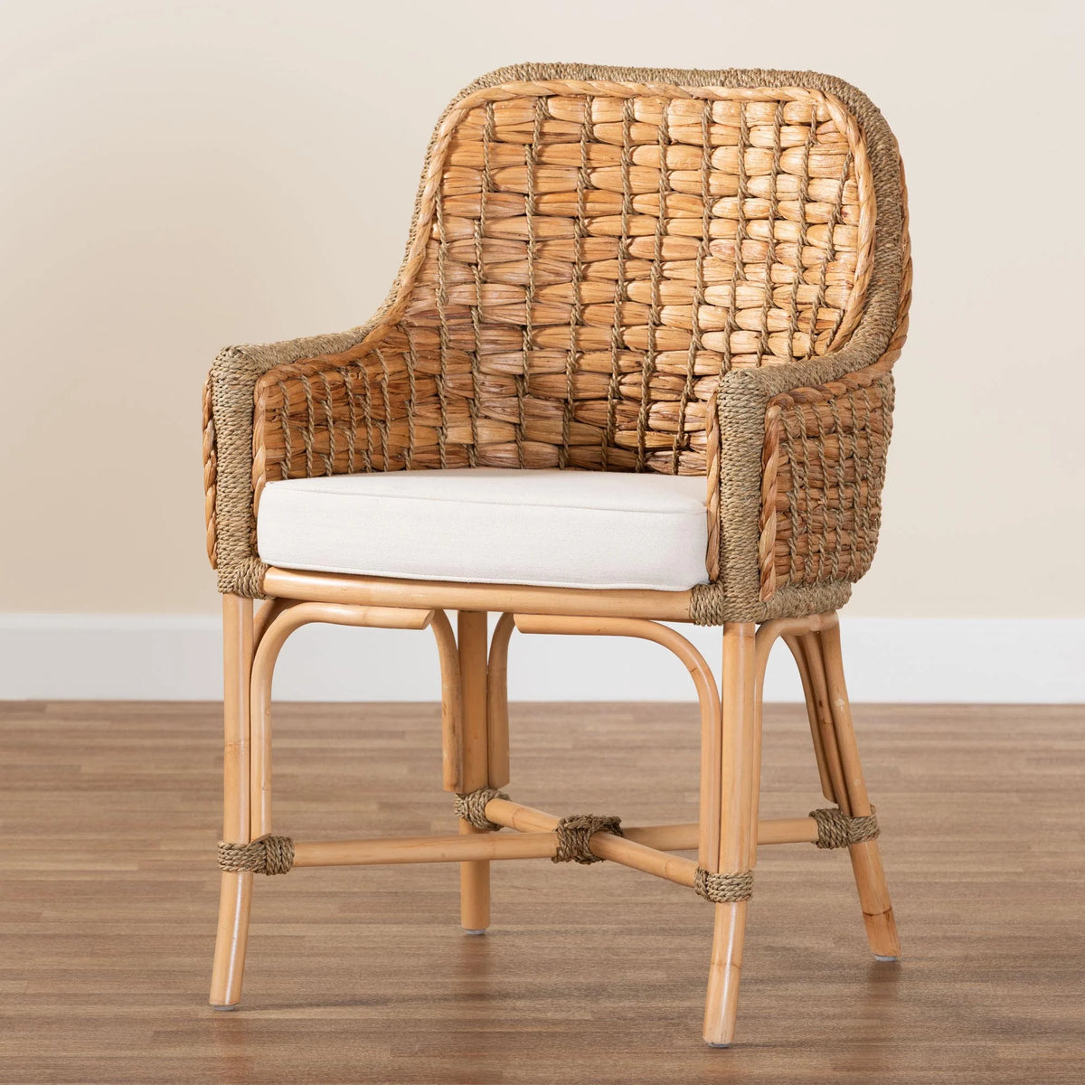 Natural Brown Woven Rattan Dining Arm Chair with Cushion E930446