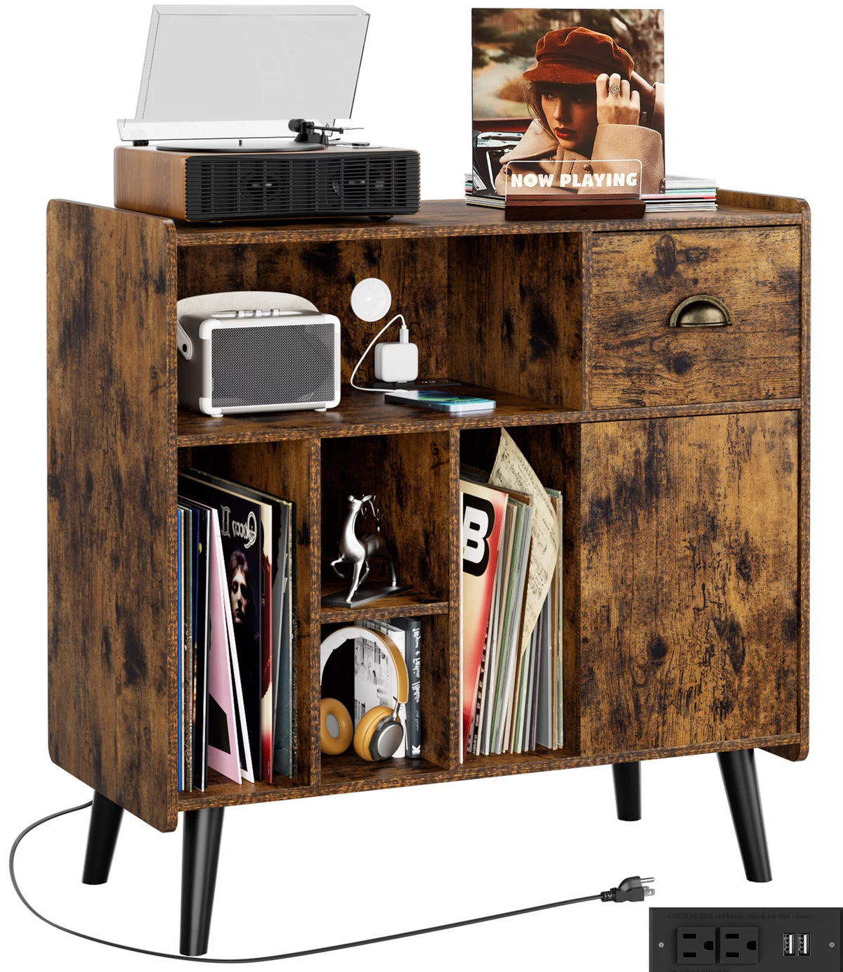 Record Player Stand with Vinyl Storage and Charging Station T5147