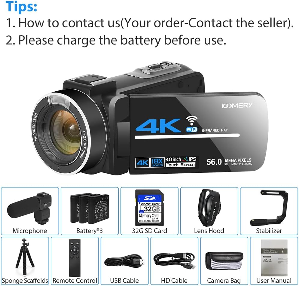 4K 56MP UHD Video Camera Camcorder with 32G SD Card IR Night Vision 18X Digital Zoom WiFi S5361