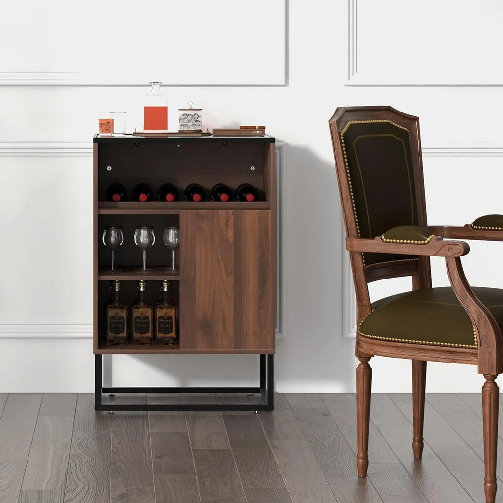 Wine Cabinet Sideboard Buffet Cabinet with Tempered Glass Top Sliding Door Freestanding Wine Rack Table P13424