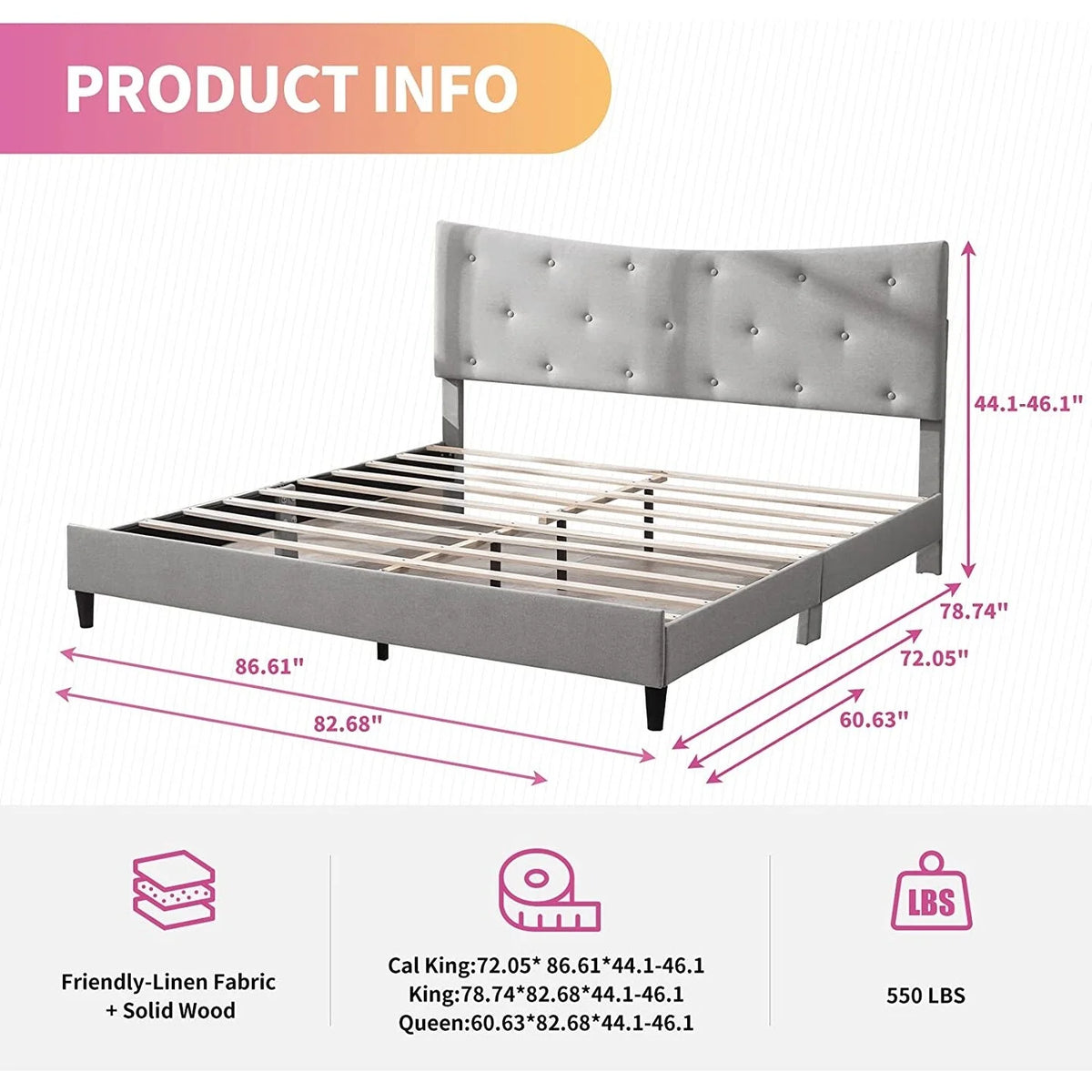 Light Grey King Upholstered Linen Platform Bed Frame Z68784