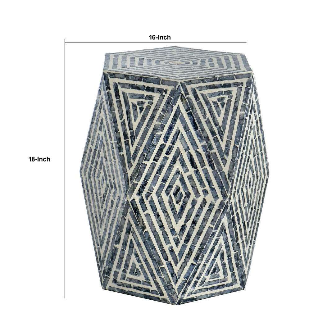 18 Inch Hexagonal Blue White Accent Table Stool T49438