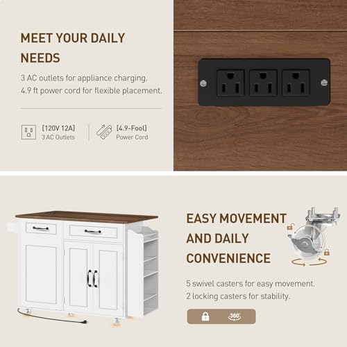 White and Walnut Kitchen Island with Power Outlet and Drop Leaf Q687256