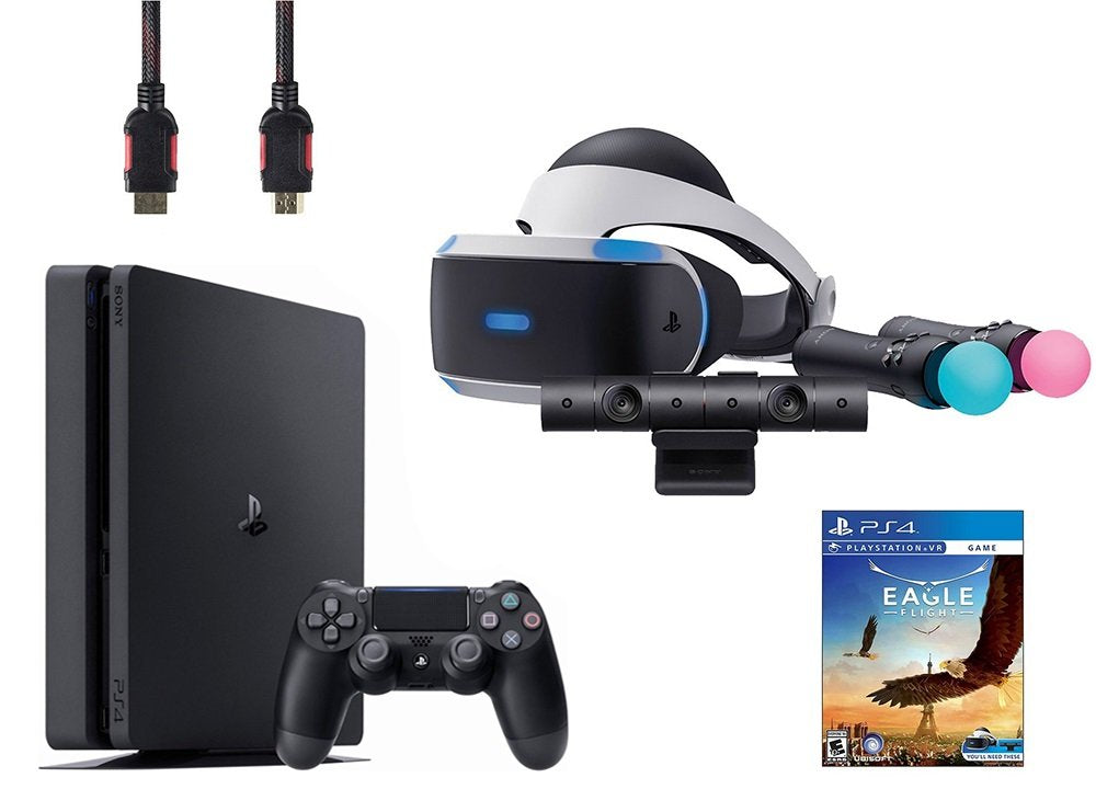 VR Headset, Move Controller, Camera Motion Sensor, PS4 Slim 1TB Console Jet Black, VR Game Disc M7036