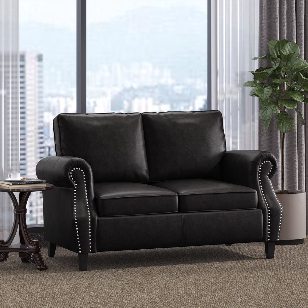 Midnight Black and Dark Brown Faux Leather Loveseat with Nailhead Trim N698599