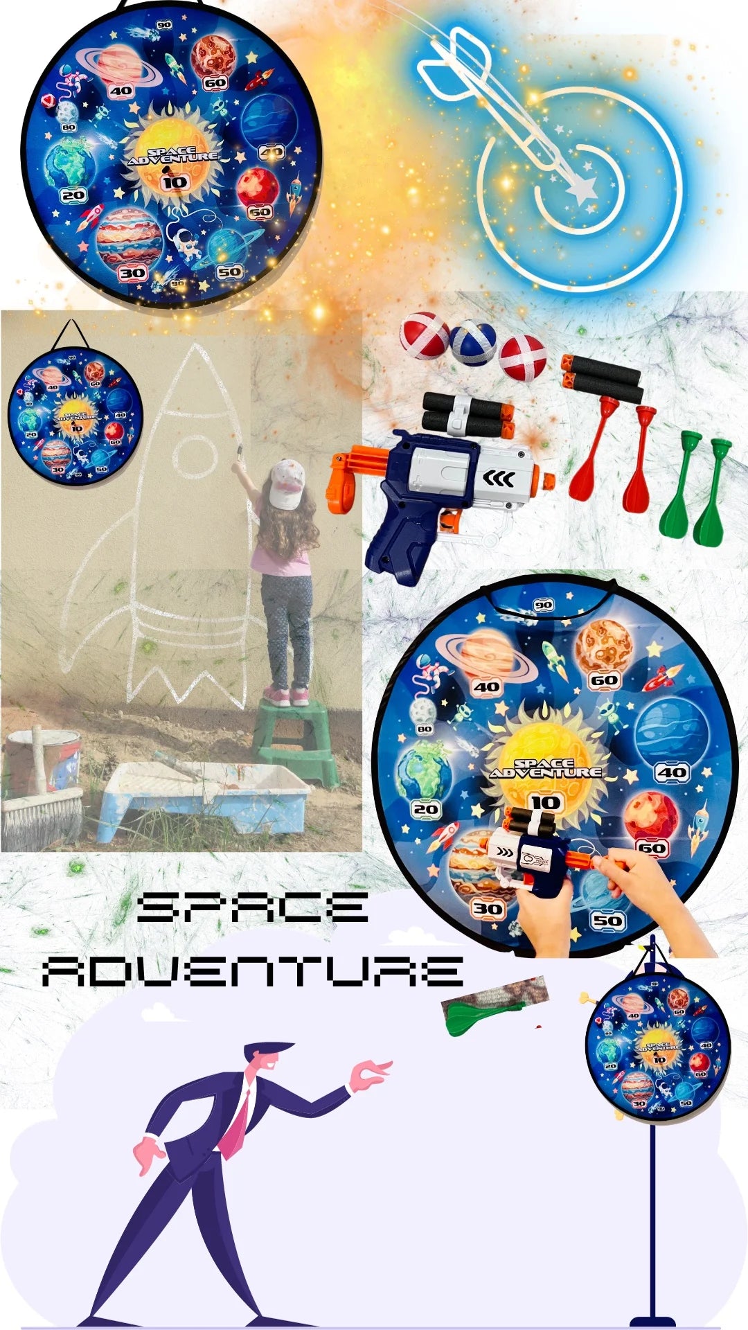 Wall Hanging Dart Game Set with Foam Bullets, Plastic Darts, Belvor Balls and 1 Compact Gun S331