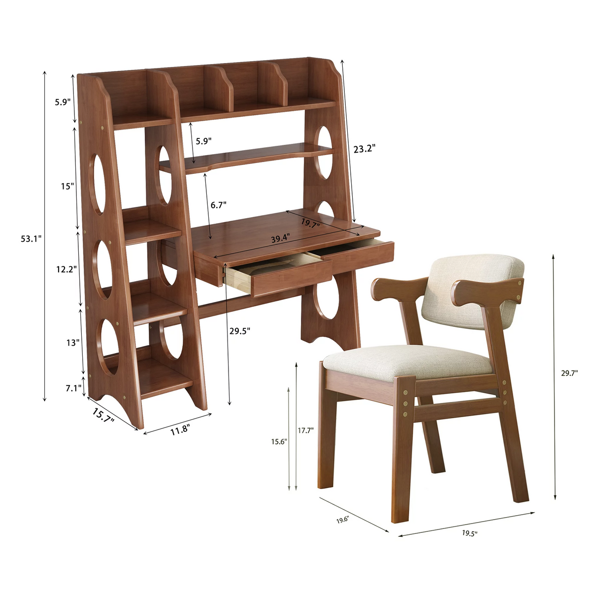 Brown Wooden Kid's Desk and Chair Set with Drawers and Bookshelf O9241