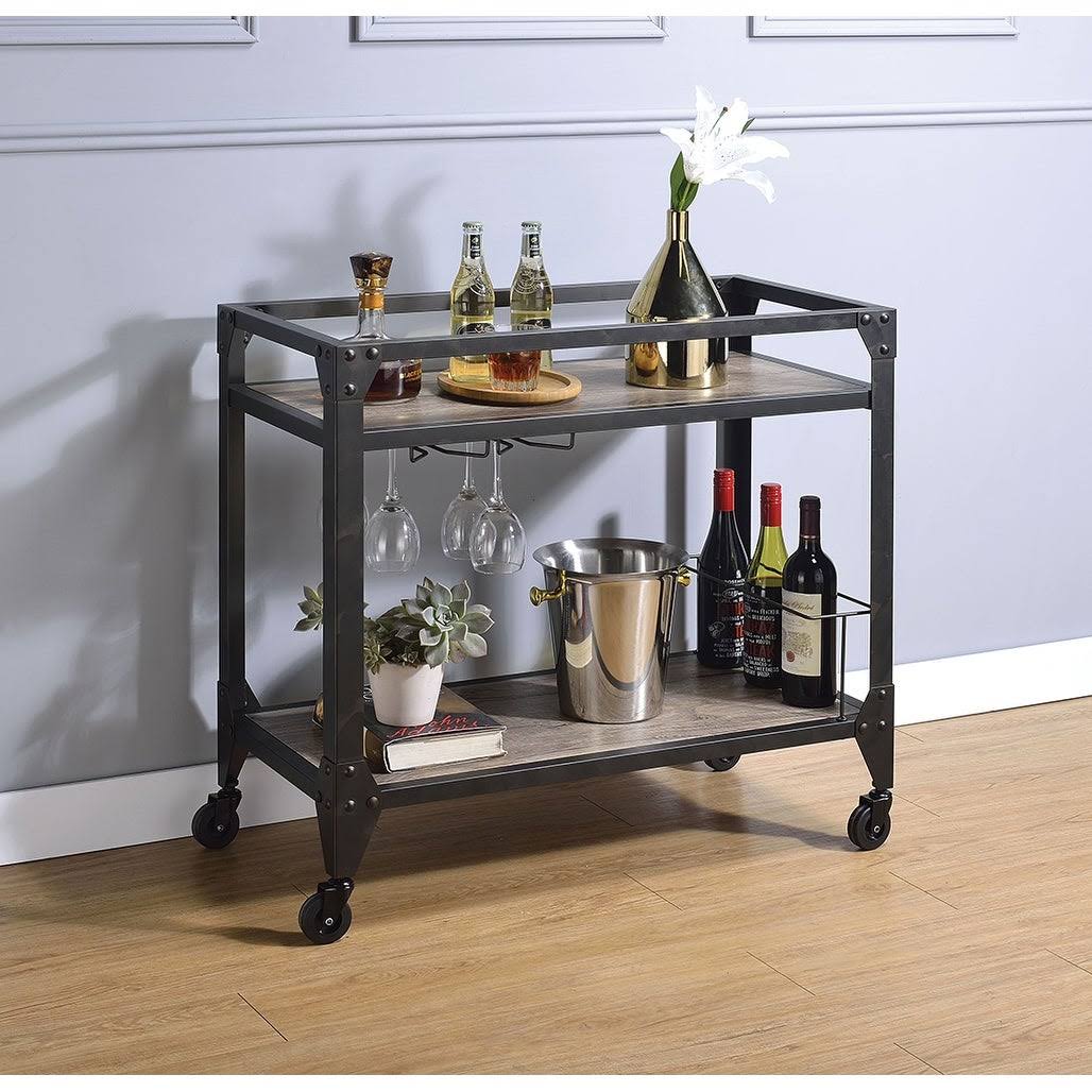 Rustic Oak & Charcoal Wood Serving Cart P10048