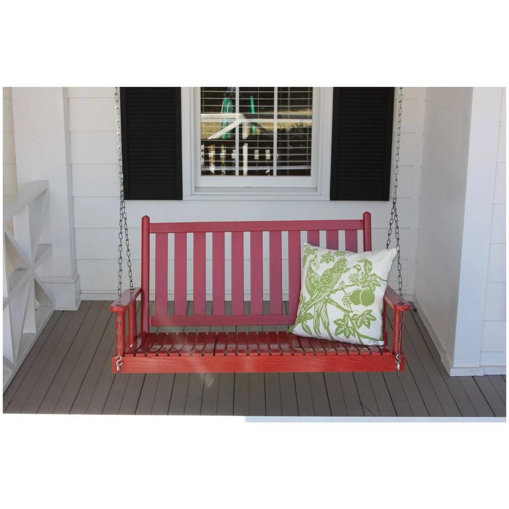 Red Wood Porch Swing with Vertical Slat Back and Seat K42445