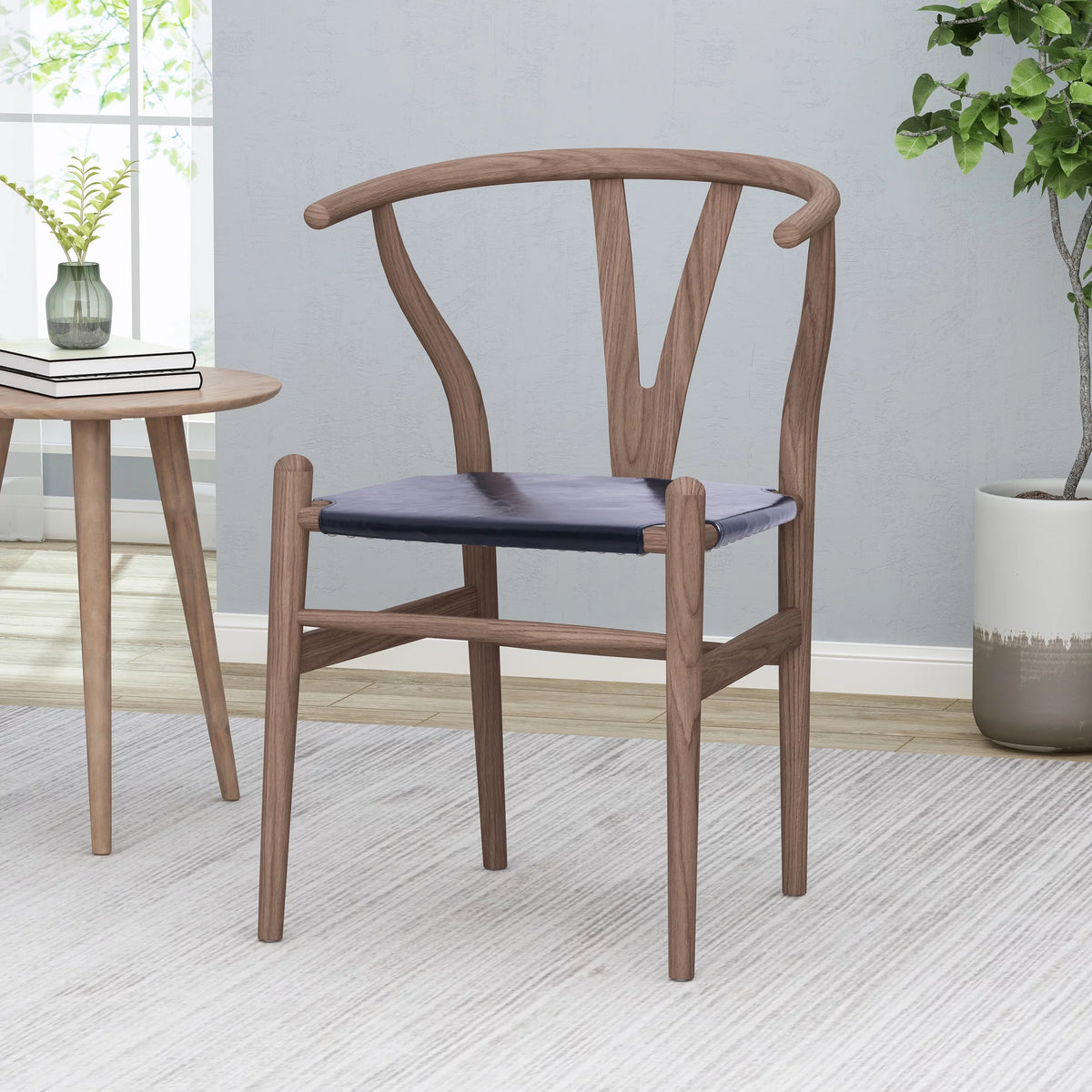 Black Faux Leather and Elm Wood Wishbone Chair L294347