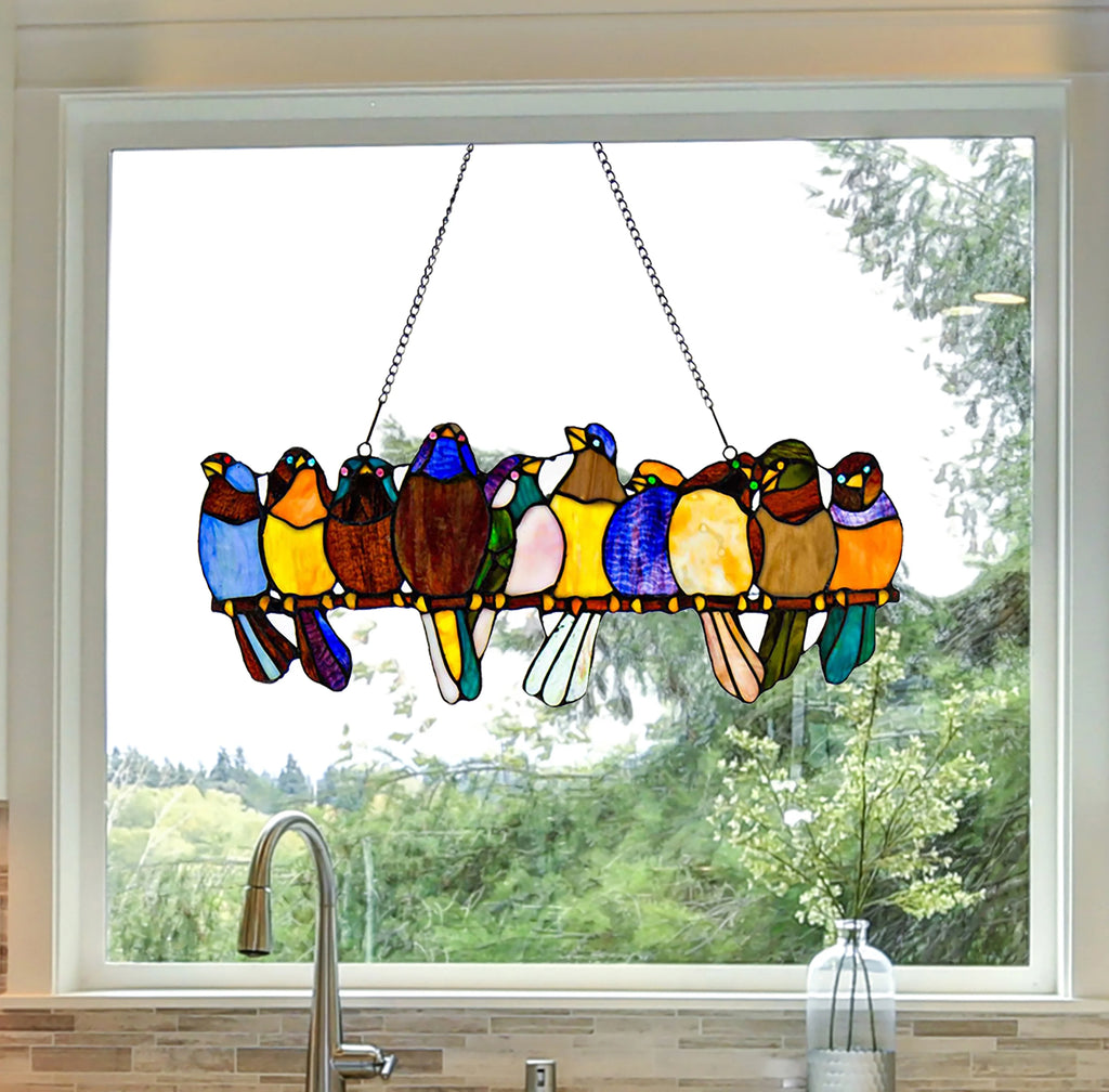 Stained Glass Birds on a Wire Window Panel H594
