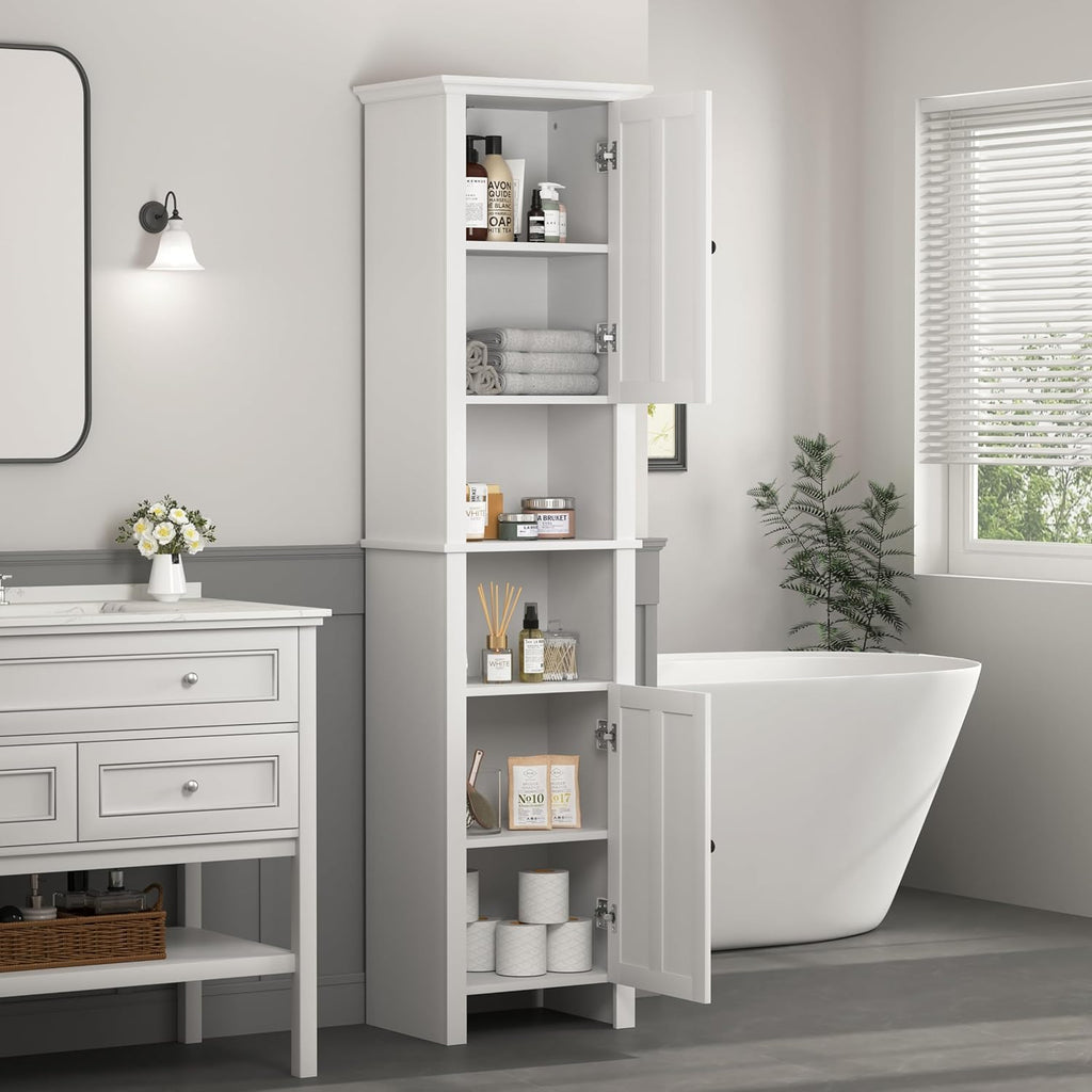 White 15.7"L x 11.8"W x 67"H Narrow Bathroom Storage Cabinet with Shelves and Door X97338