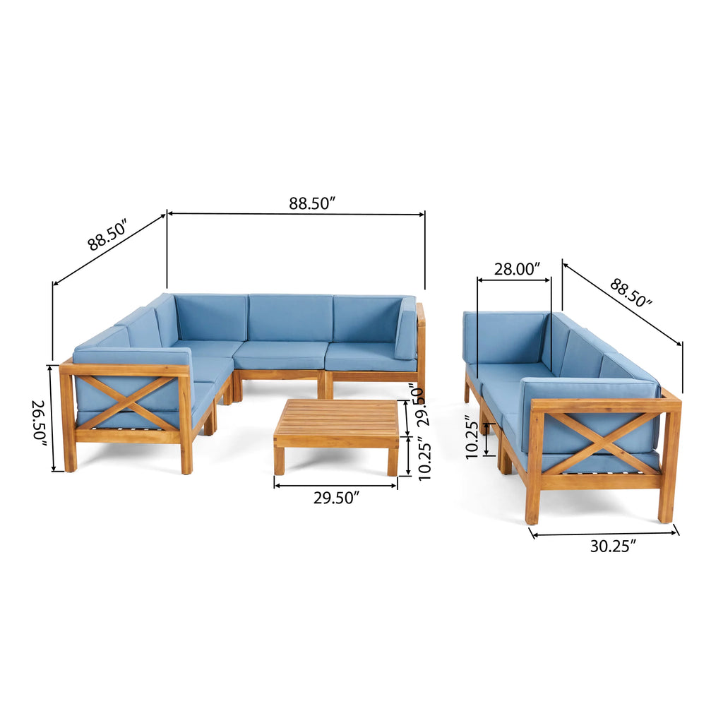 Teak Blue 8 Seater Wood Sectional Sofa Set with Coffee Table I26529