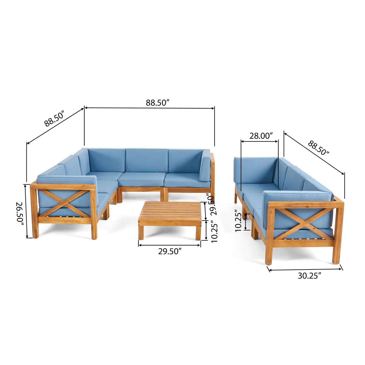Teak Blue 8 Seater Wood Sectional Sofa Set with Coffee Table I26529