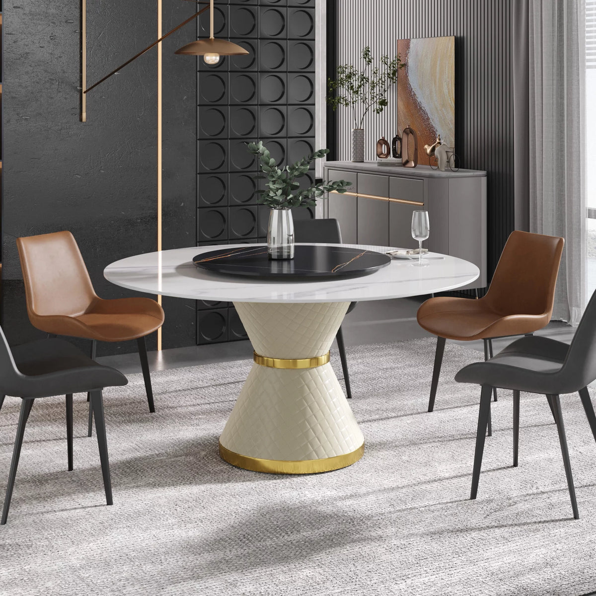 White Sintered Stone Round Dining Table with Black Slate Turntable Y312