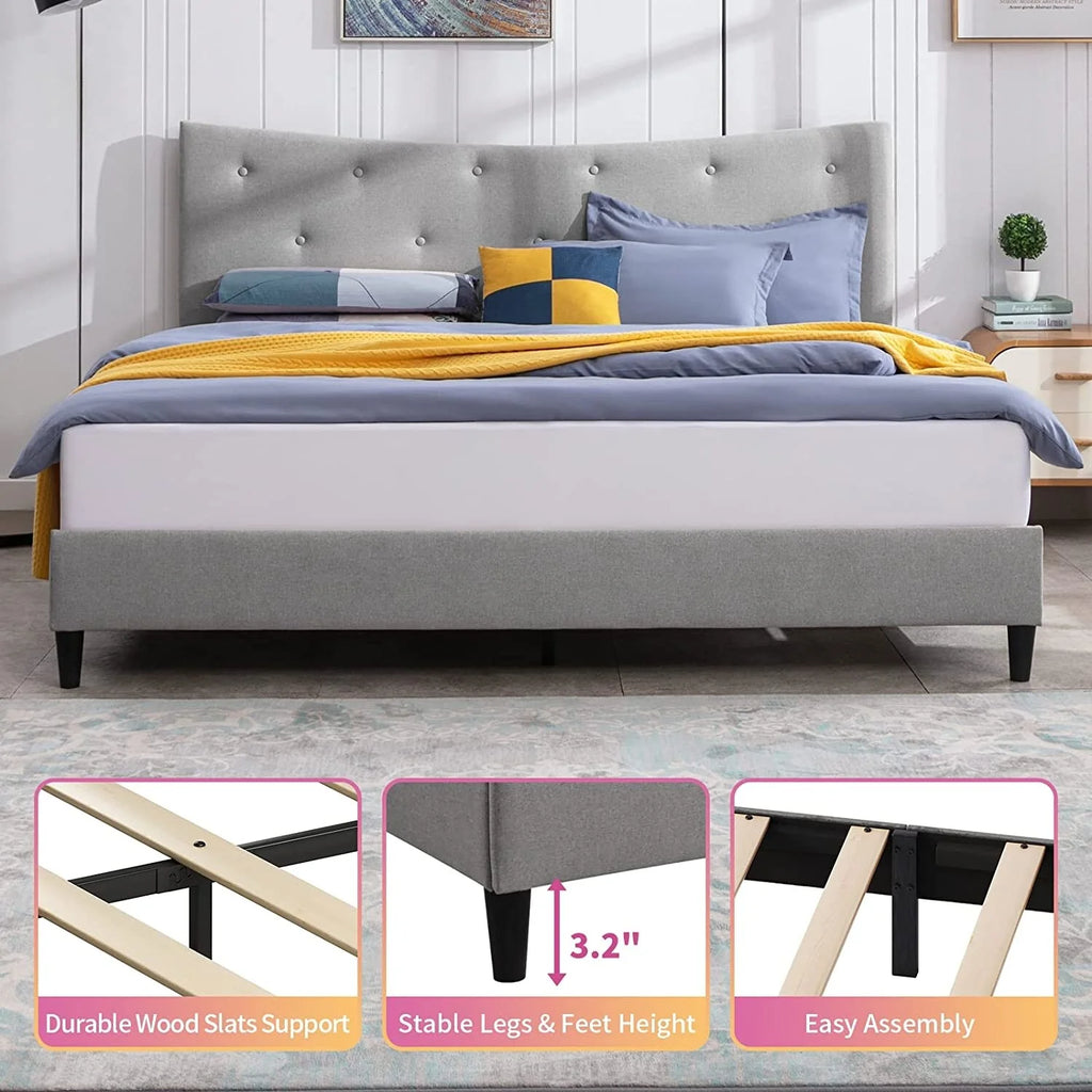 Light Grey King Upholstered Linen Platform Bed Frame Z68784