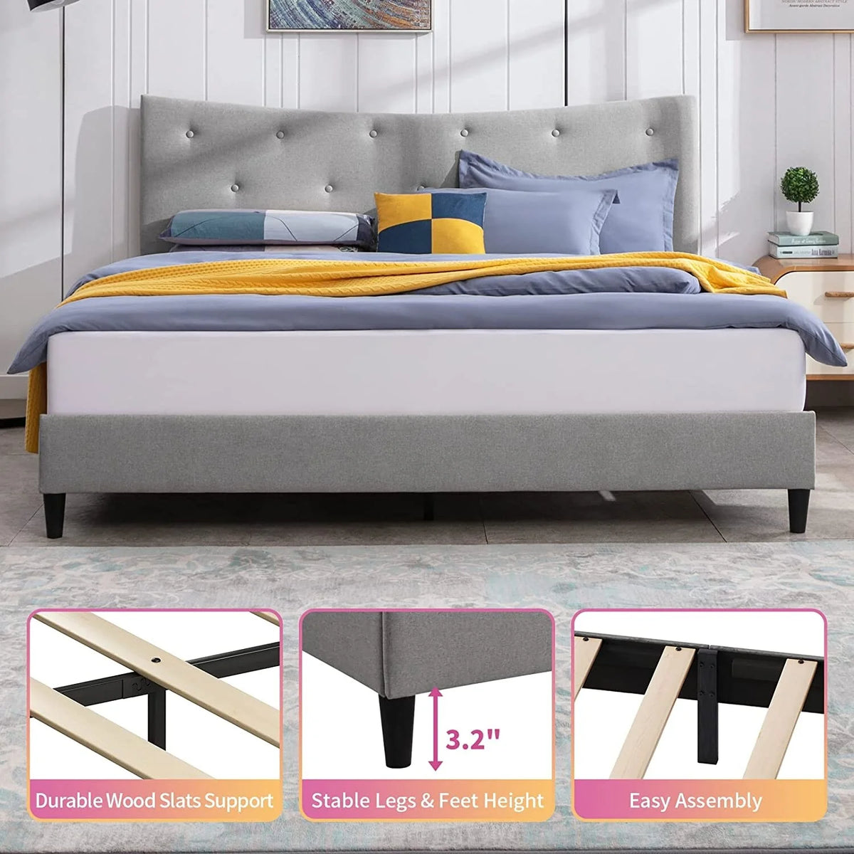 Light Grey King Upholstered Linen Platform Bed Frame Z68784