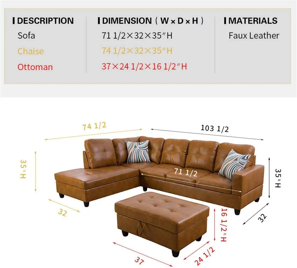Faux Leather 3 Piece L-Shaped Sectional Sofa with Storage Ottoman and Pillows H264933