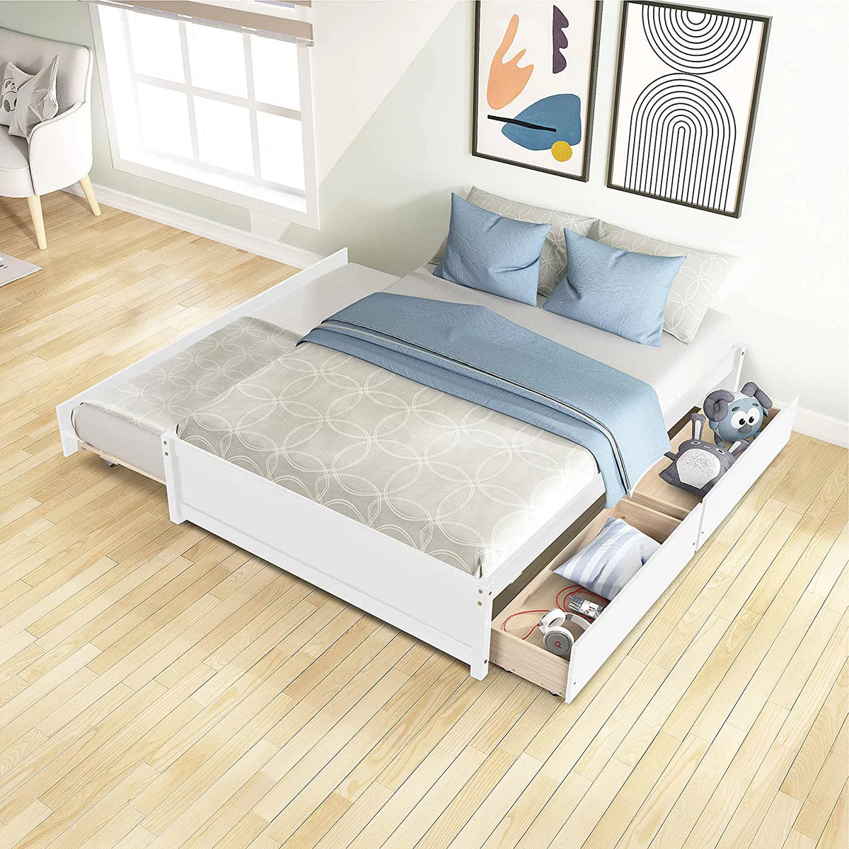 White Full Bed with Trundle and Storage B572003