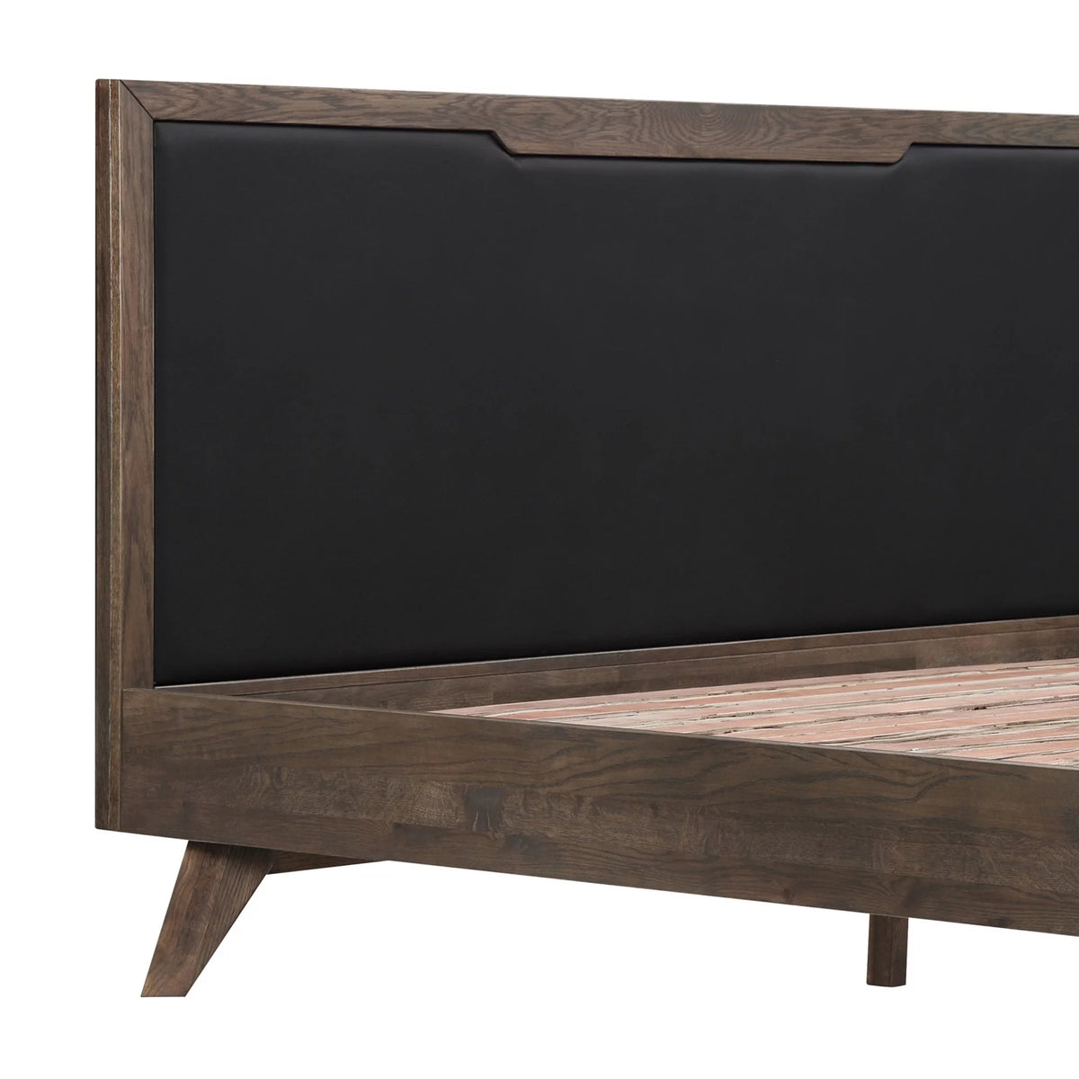 Oak Wood King Platform Bed with Faux Leather Headboard H658
