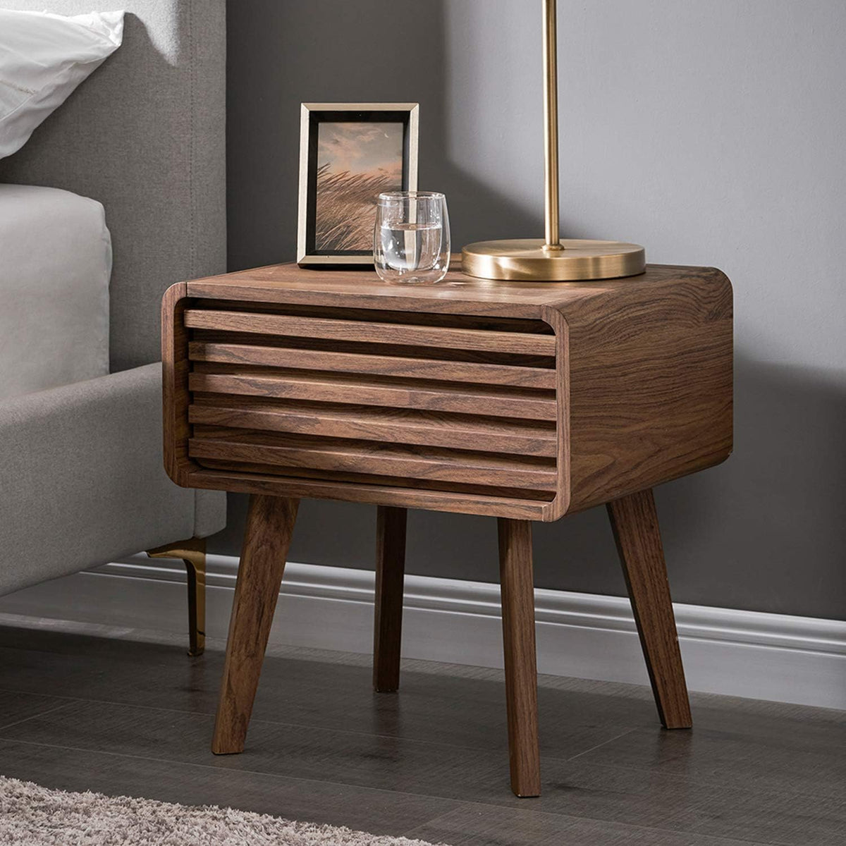 Walnut Side Table with Slatted Door T6916