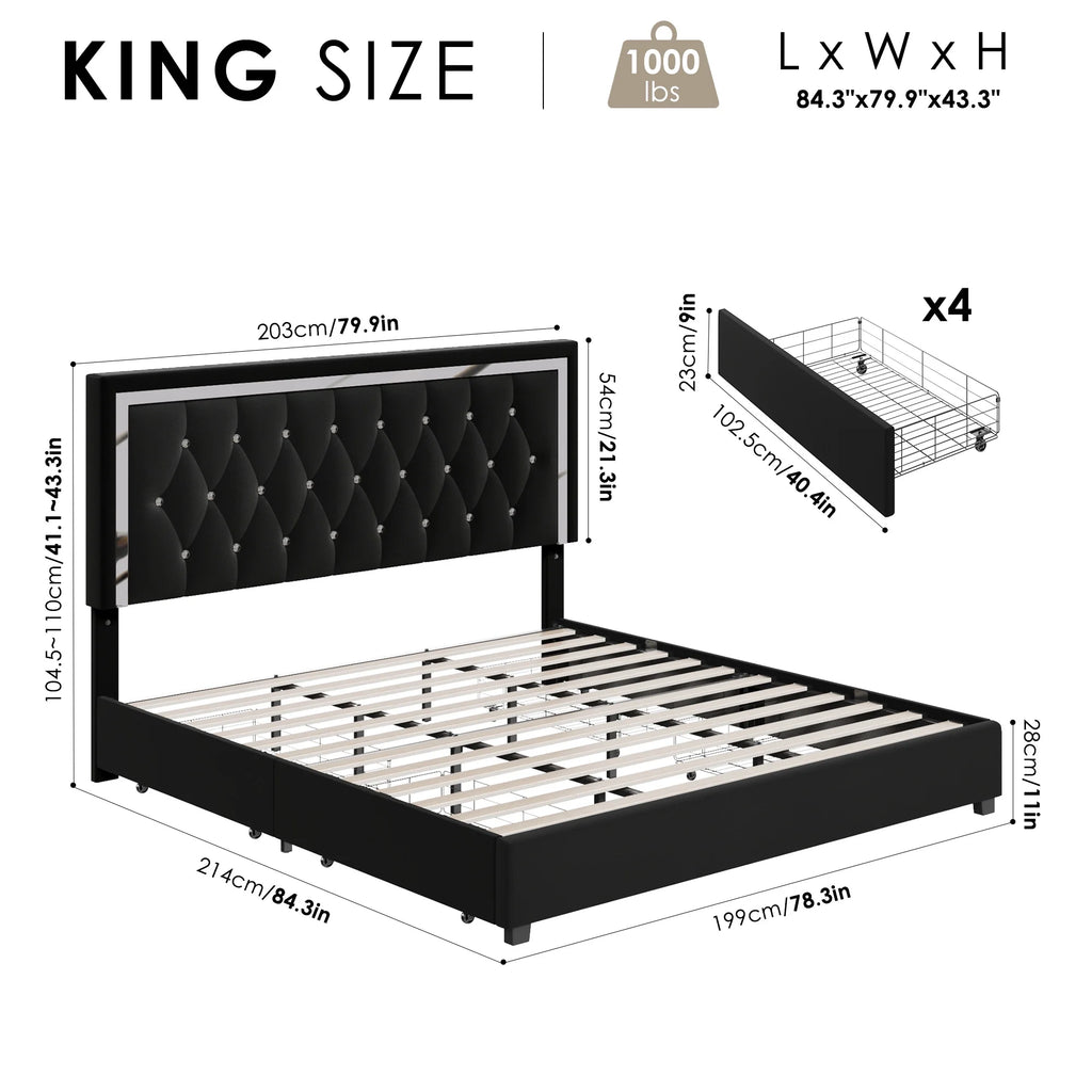 King Size Storage Bed with 4 Drawers, Black Upholstered Platform Bed Frame with Adjustable Headboard Z2827