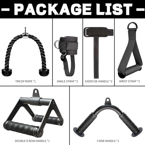 Cable Machine Attachment Set with Tricep Rope, V Bar, Double D Handle, Ankle & Wrist Straps L214512