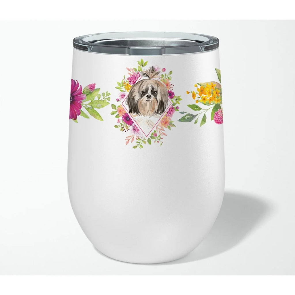 Shih Tzu Pink Flowers Stainless Steel 12 oz Stemless Wine Glass W927
