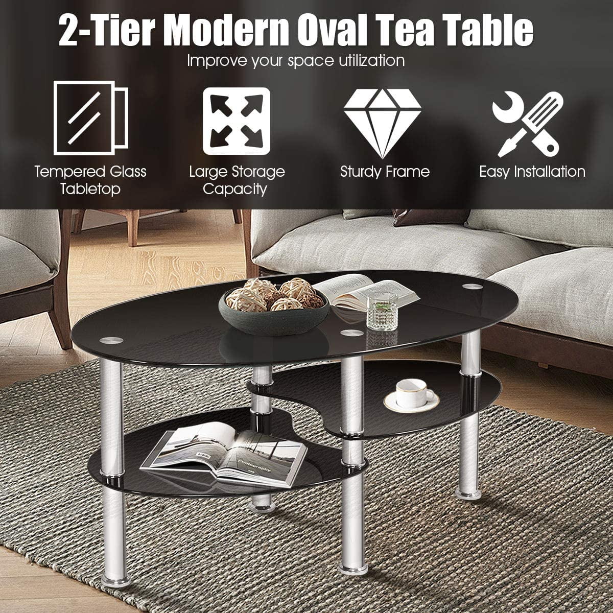 Black Oval Glass Coffee Table X971528