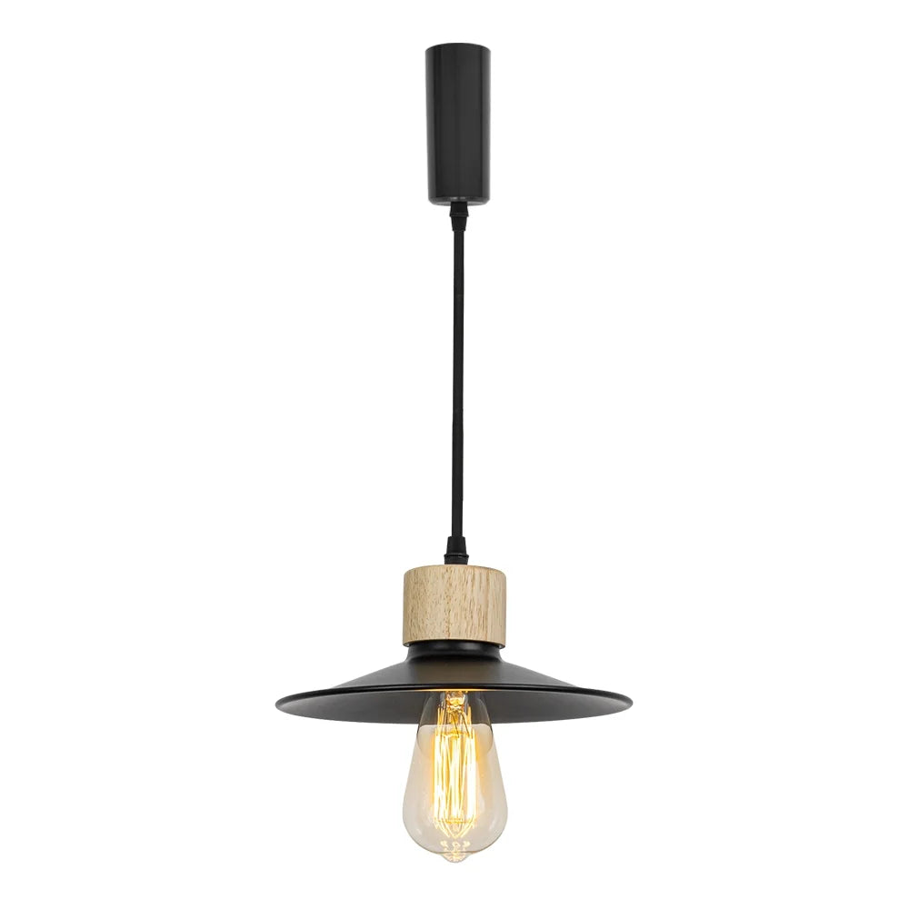 Wood Base Black Metal Shade Track Pendant Light M9240