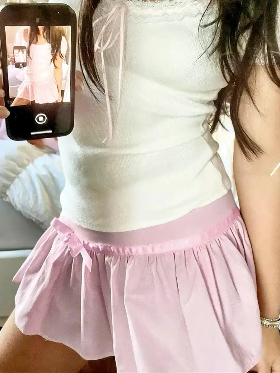 Pink Rose Ruffle Ribbon Pleated Skirt X306