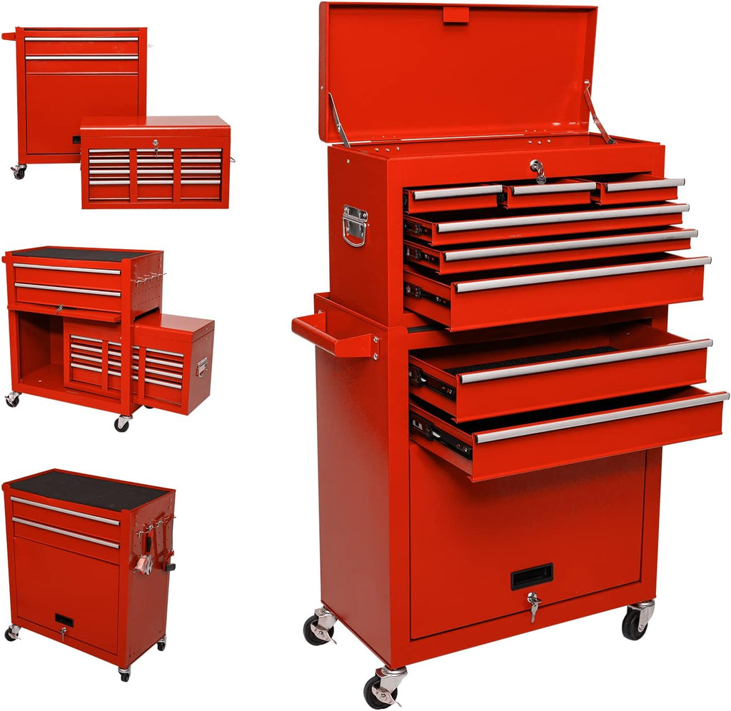 8-Drawer Rolling Tool Chest with 4 Wheels, Lockable Tool Storage Cabinet (RED) X836