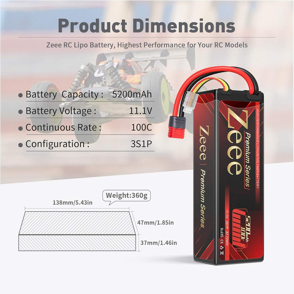 3S Lipo Battery 11.1V 100C 5200mAh Hard Case with Deans T Connector 2 Pack U426