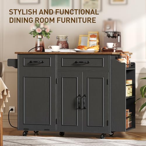 White and Walnut Kitchen Island with Power Outlet and Drop Leaf Q687256