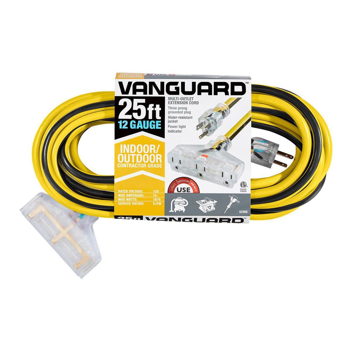 25 ft. 12/3 Gauge Multiple Outlet Extension Cord with Indicator Light, Yellow, Black R27156