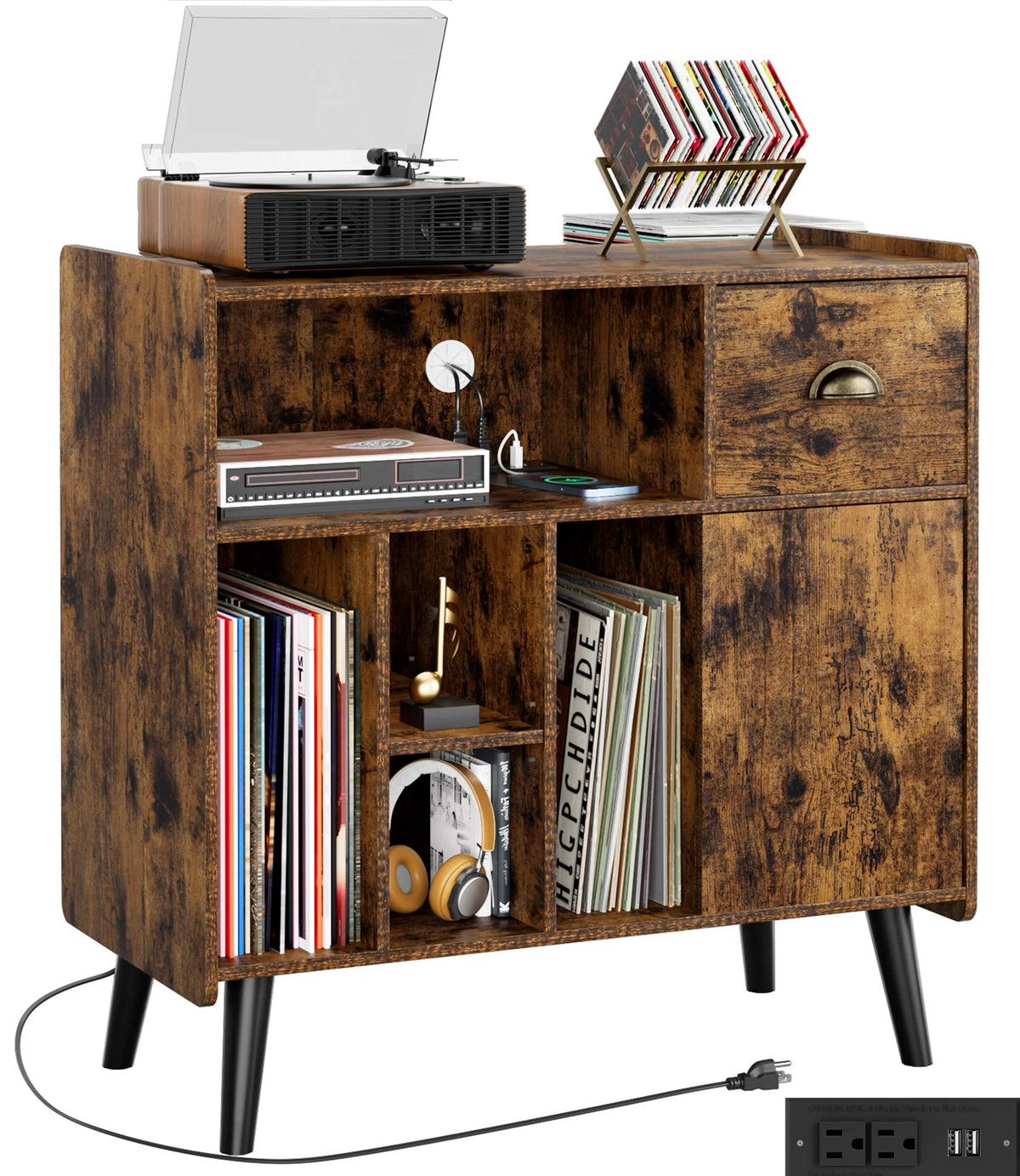 Record Player Stand with Vinyl Storage and Charging Station T5147