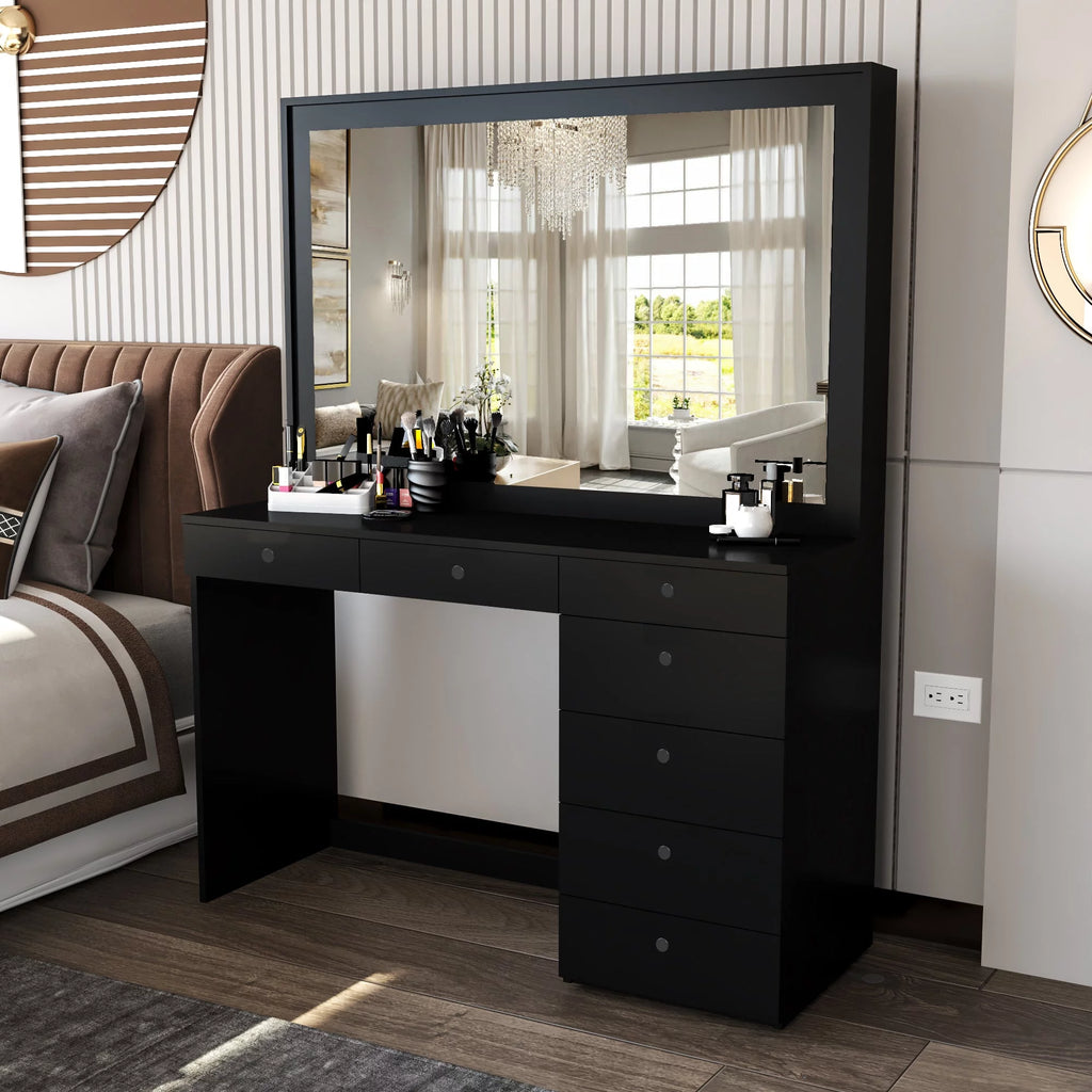 Modern Black Vanity Table with Wide Mirror Q43230