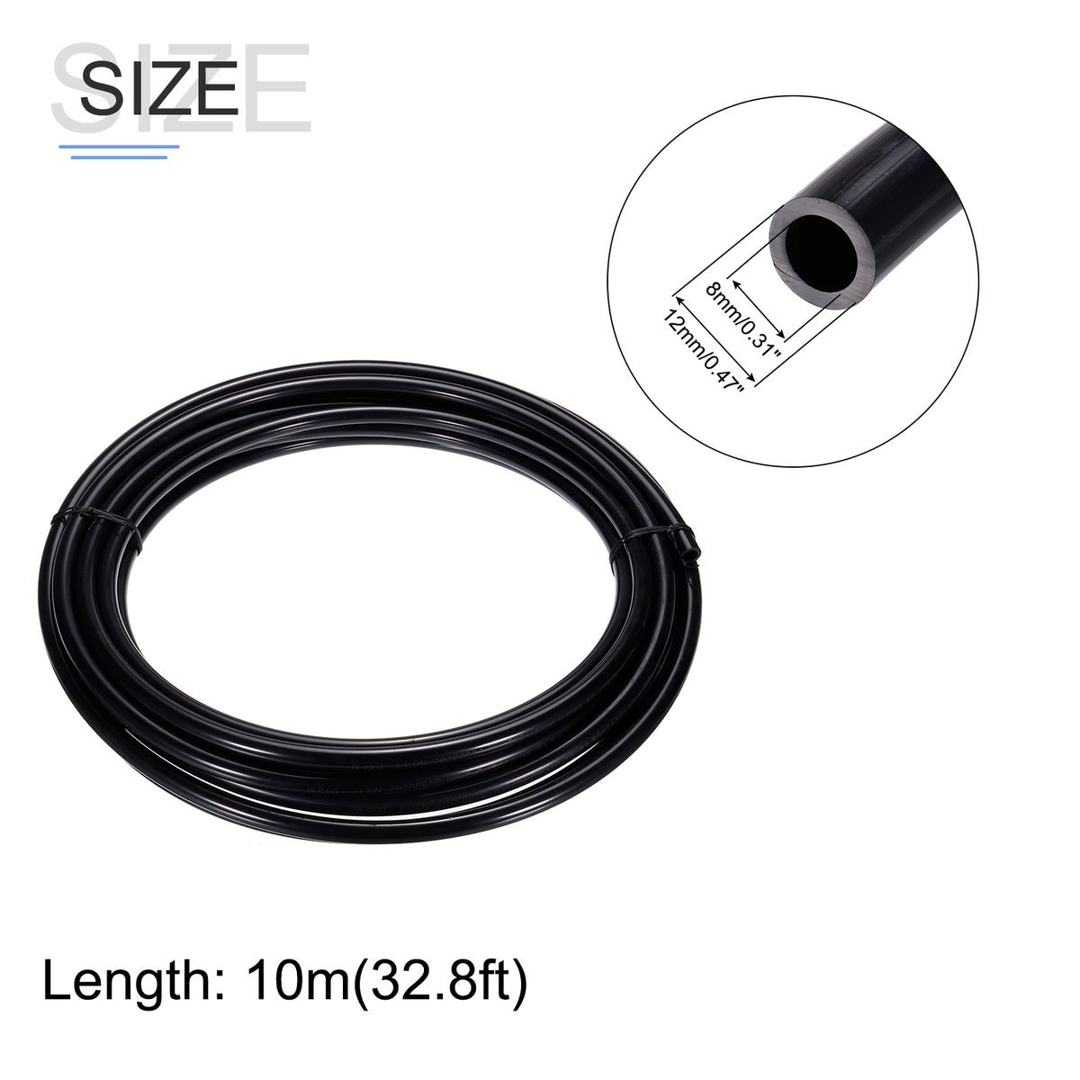 Pneumatic Tubing, 12mm OD x 8mm ID x 10m Nylon Air Brake Tube Black T25028