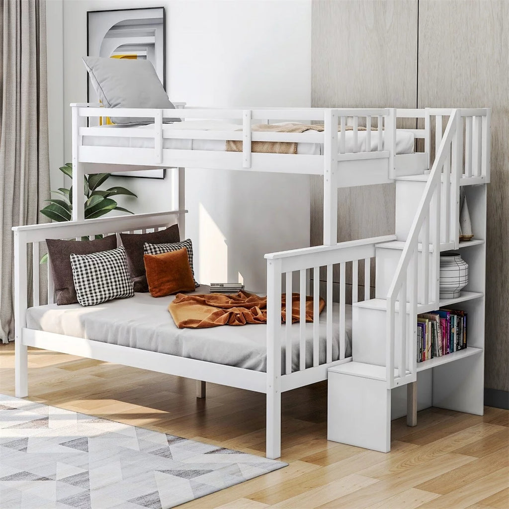 White Twin over Full Bunk Bed with Storage and Guard Rail W98305