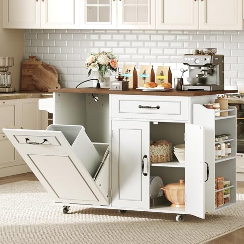 White and Walnut Kitchen Island with Power Outlet and Drop Leaf Q687256