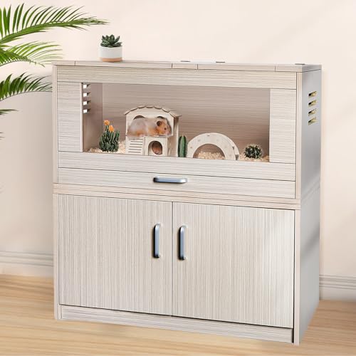 Hamster Cage with Storage Cabinet, Acrylic Panels, 31.5" L x 15.75" x 32.28" (Teak) S119