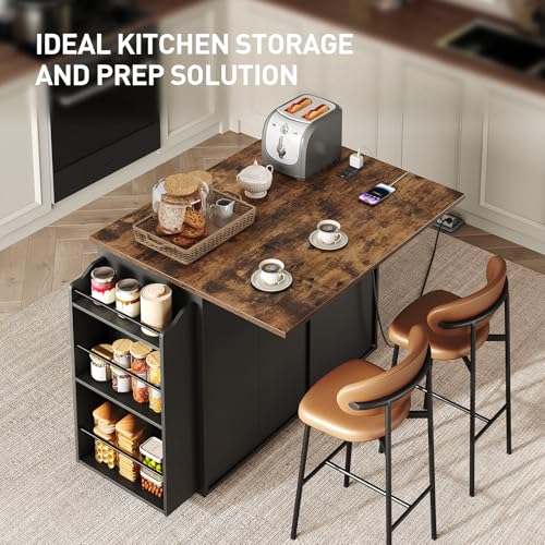 White and Walnut Kitchen Island with Power Outlet and Drop Leaf Q687256