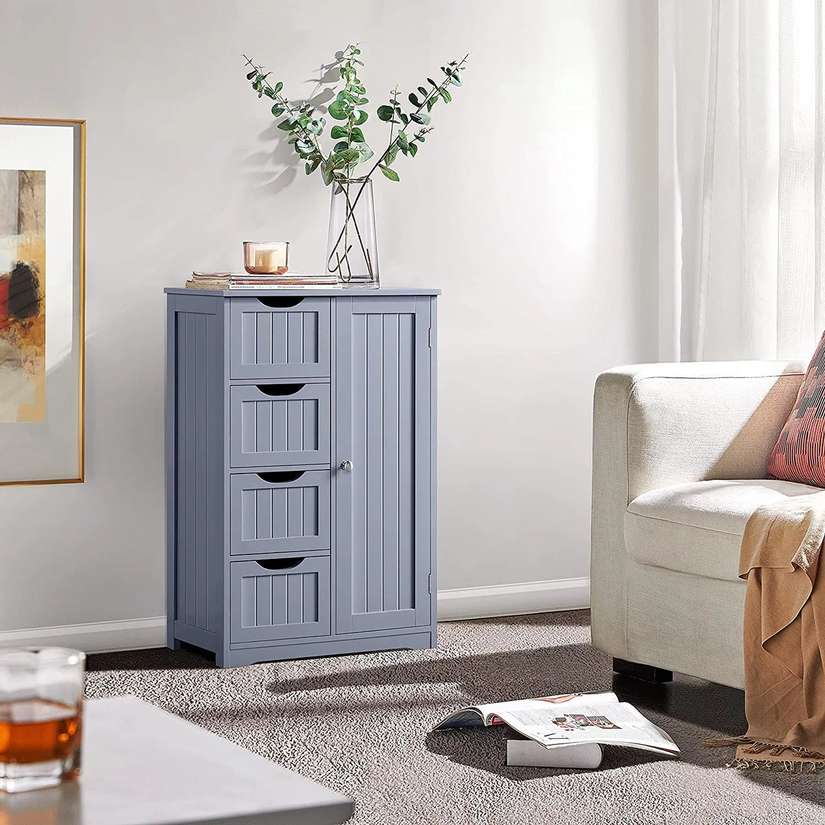 White 4 Drawer Wood Bathroom Floor Cabinet T5443