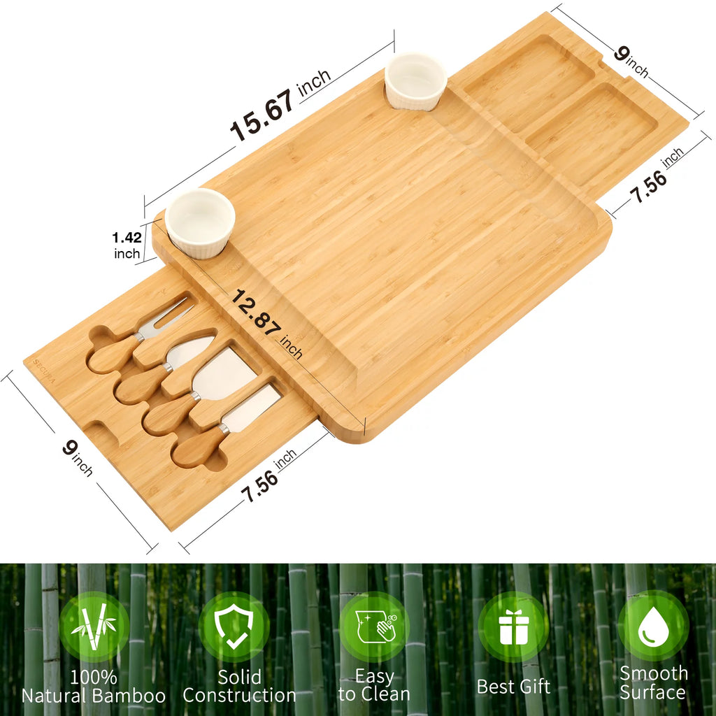 Bamboo Cheese Board Set with Knife Set and 2 Ceramic Bowls V6669
