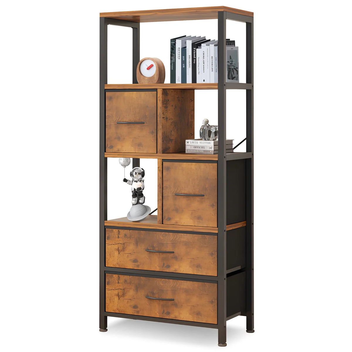 5 Tier Book Shelf with 4 Drawers, Rustic Oak Shelves & Metal Frame V7445