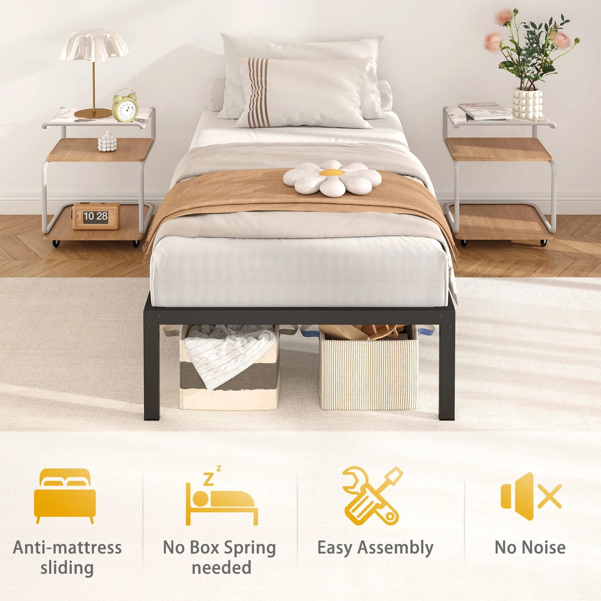 Heavy Duty Queen Size Metal Platform Bed Frame with 14 inch Under Bed Storage, Black P19483