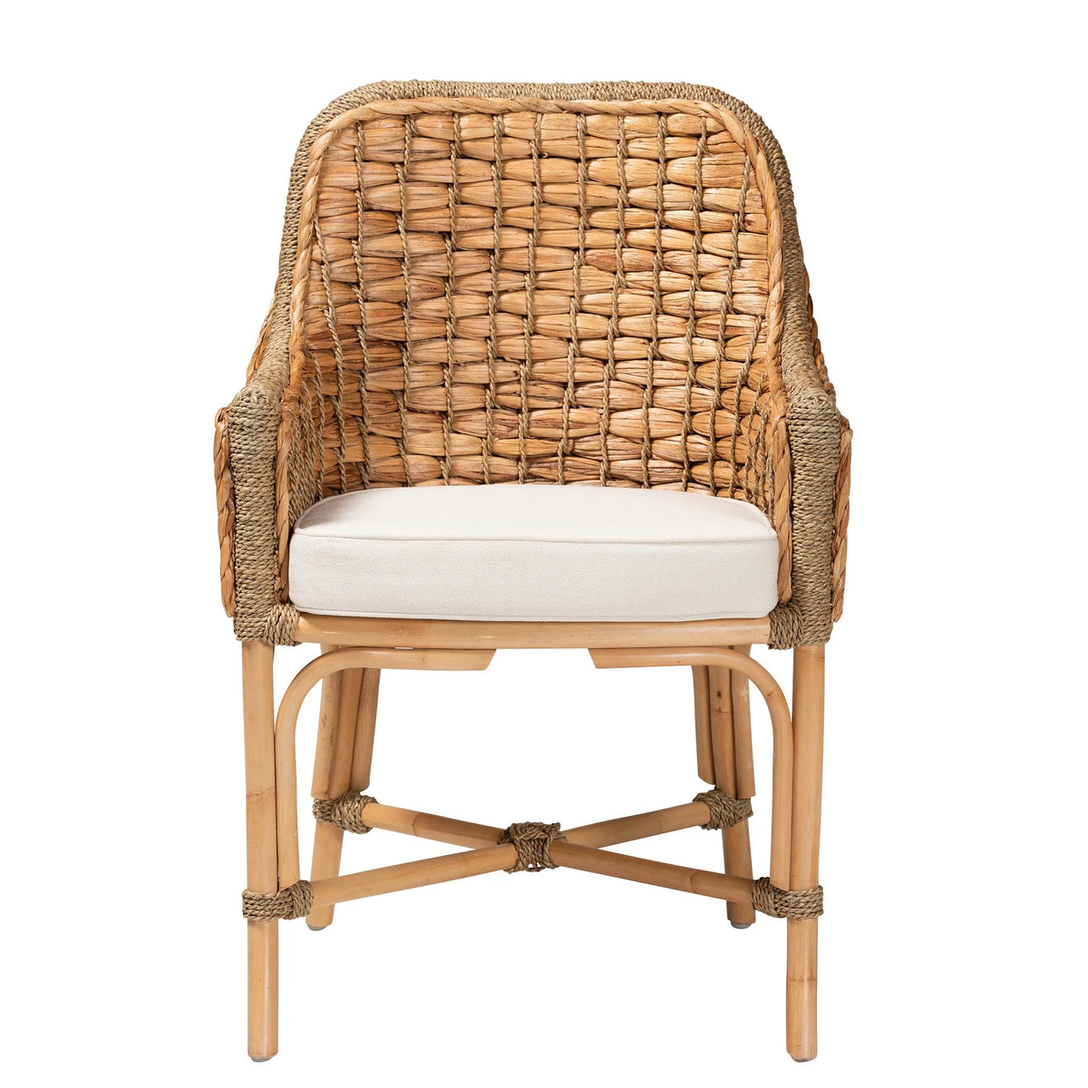 Natural Brown Woven Rattan Dining Arm Chair with Cushion E930446